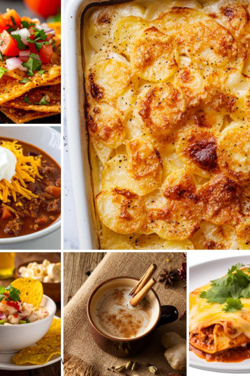 recipes for pico de gallo, augratin potatoes, chili, ceviche, chai latte and chicken enchiladas