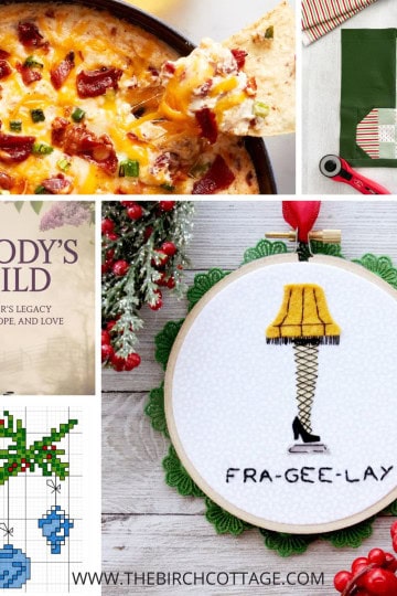 jalapeno popper dip, Christmas quilt block, Nobody's Child book cover, A Christmas Story Lamp embroidered ornament, cross-stitch Christmas ornament pattern