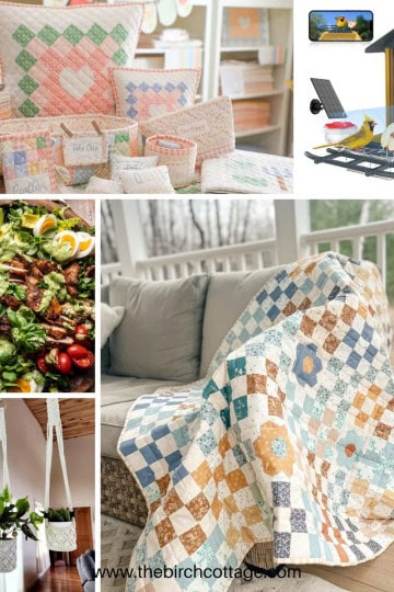 crocheted plant hanger, bird feeder with camera, salad, quilt, and quilted pillow