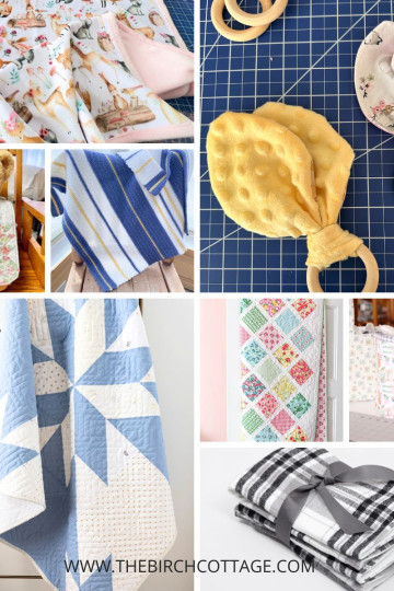 baby blanket, bunny ears teether, storage bin, burp cloths, hunters star baby quilt, crochet blue white and yellow baby blanket, and baby bib